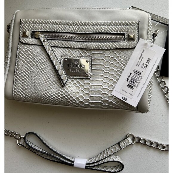 Nicole Miller Faux Snakeskin “Tess” Gray Crossbody Bag With Chain Strap - Picture 5 of 9